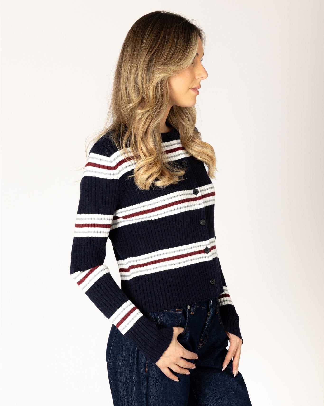 navy, white and red striped cardigan