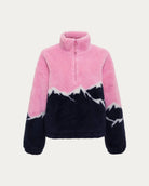 a plush sherpa quarter zip sweater in pink with a navy blue mountain top