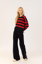 red and navy striped sweater