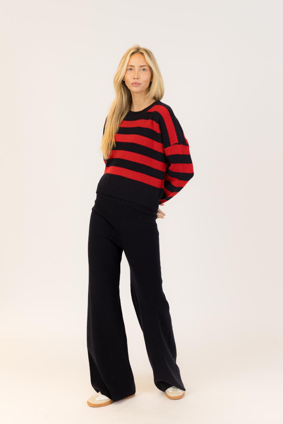 red and navy striped sweater