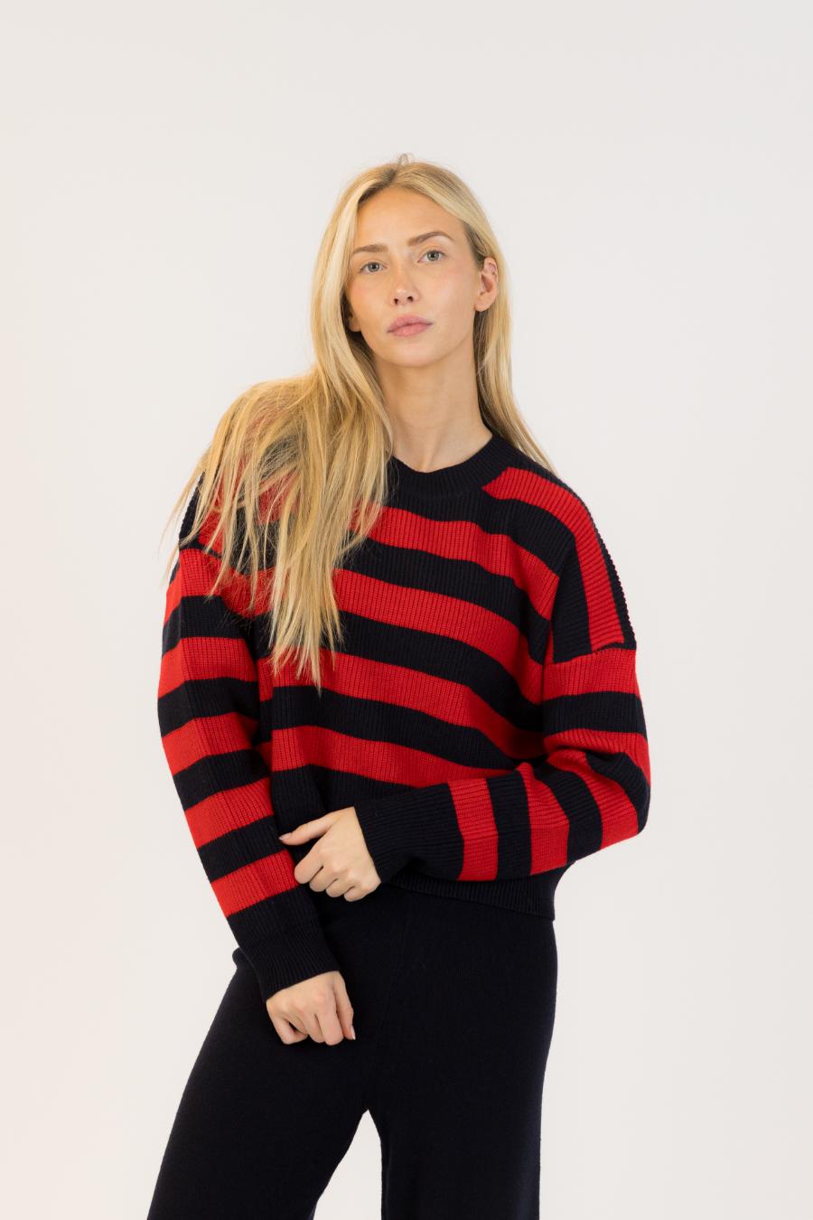 red and navy stripe sweater