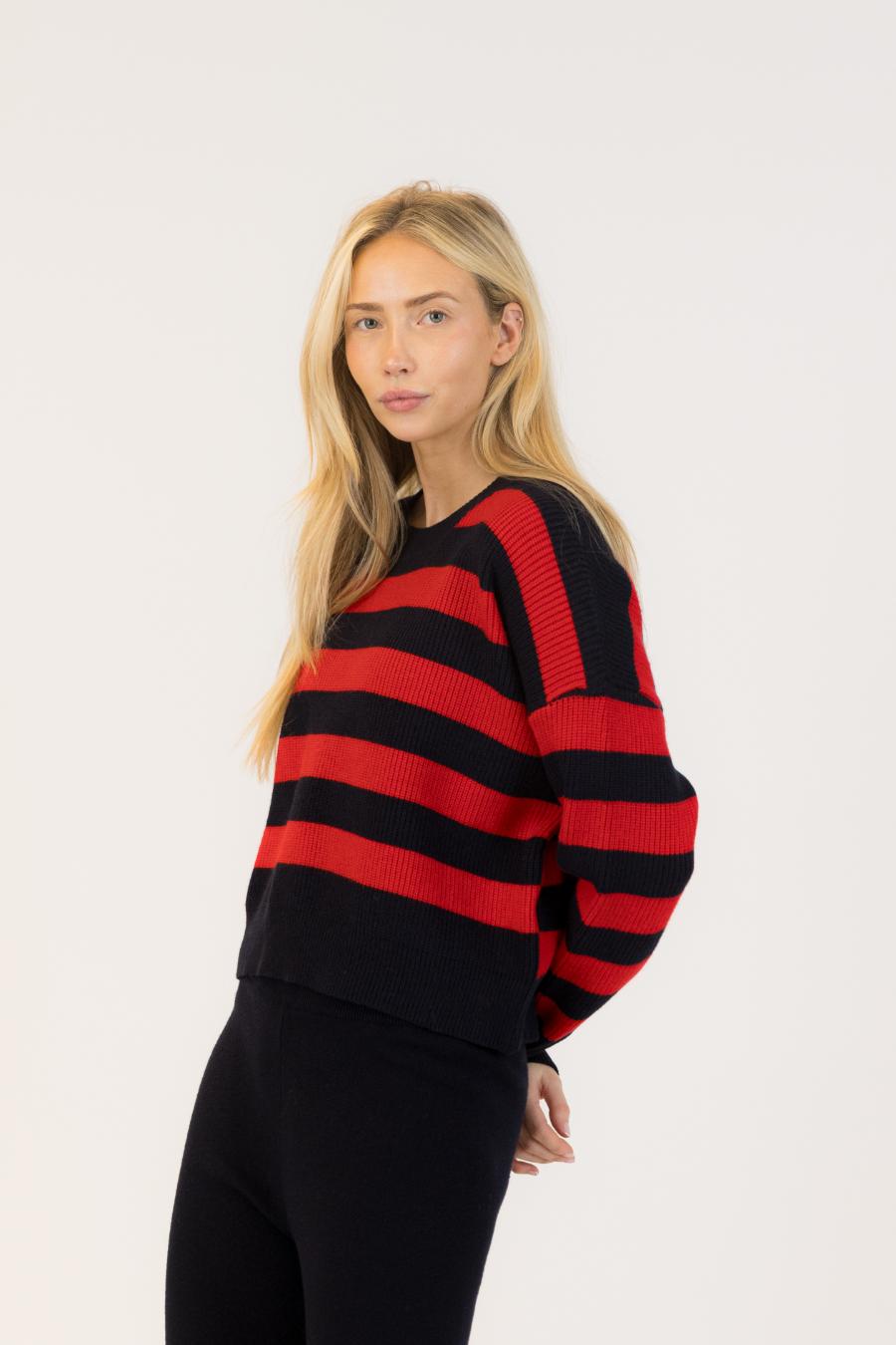 red and navy striped sweater