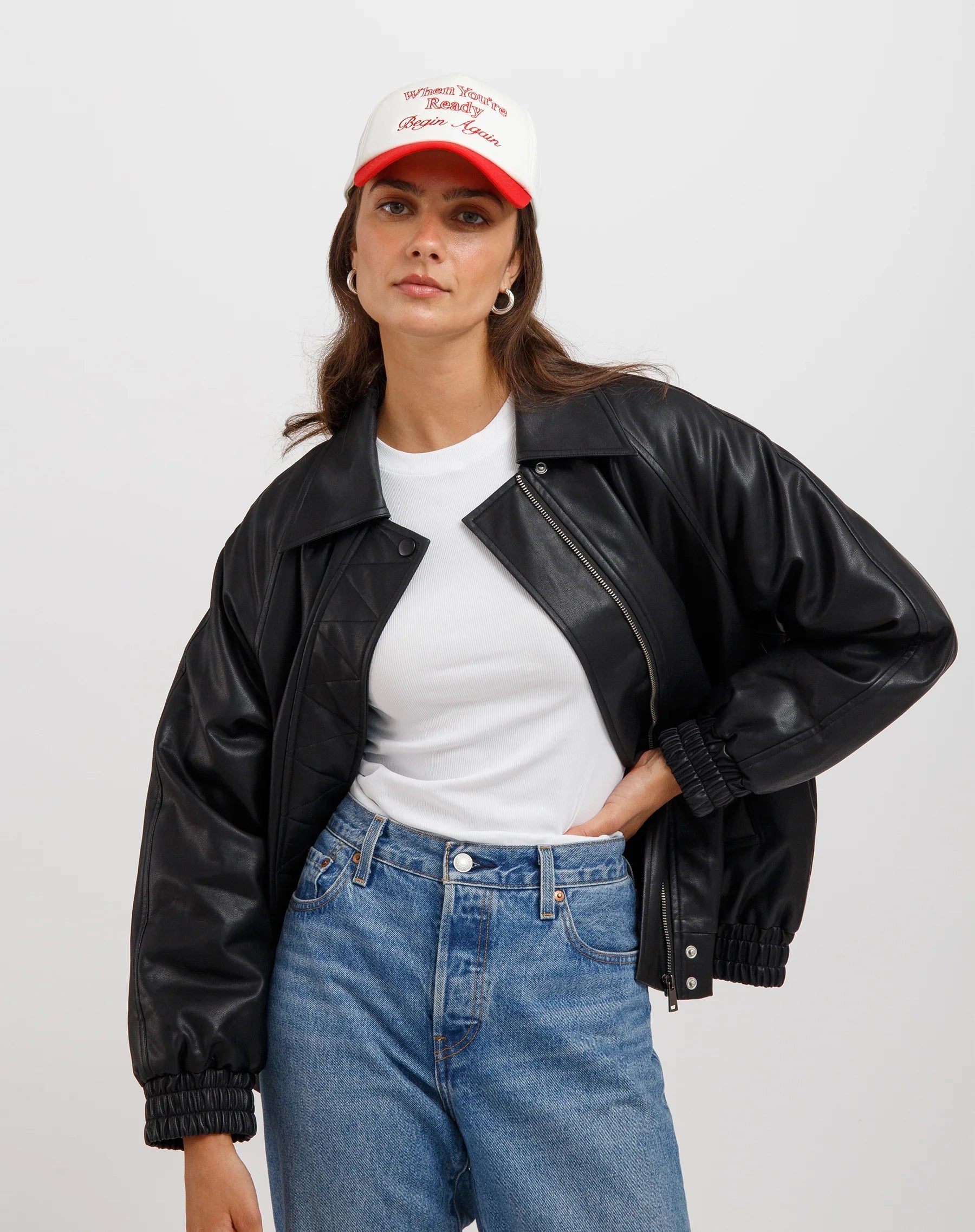 Brunette The Label Vegan Leather Bomber Jacket