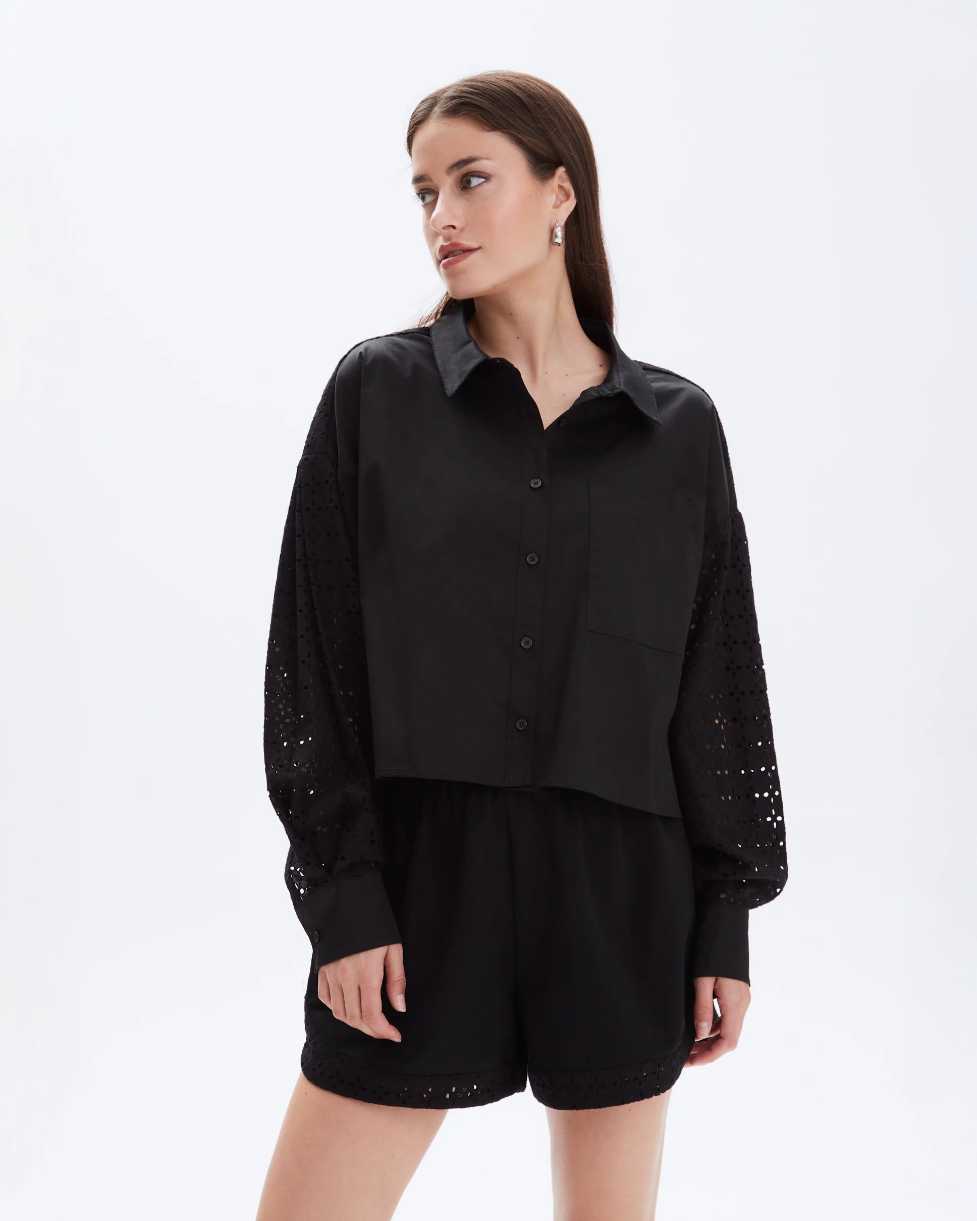 CHRLDRS Simone Eyelets Button Up Shirt in Black