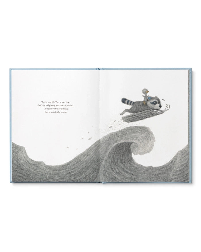 Page of Children's Book called 'Chasing Dreams: how to add more daring to your doing' by Kobi Yamada with a raccoon surfing in the ocean