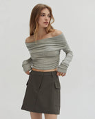 Crescent Holly Off the Shoulder Knit Top in Grey