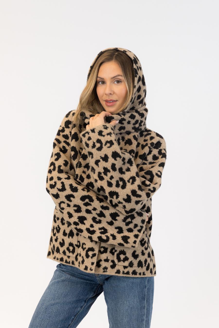 animal print coat with scarf
