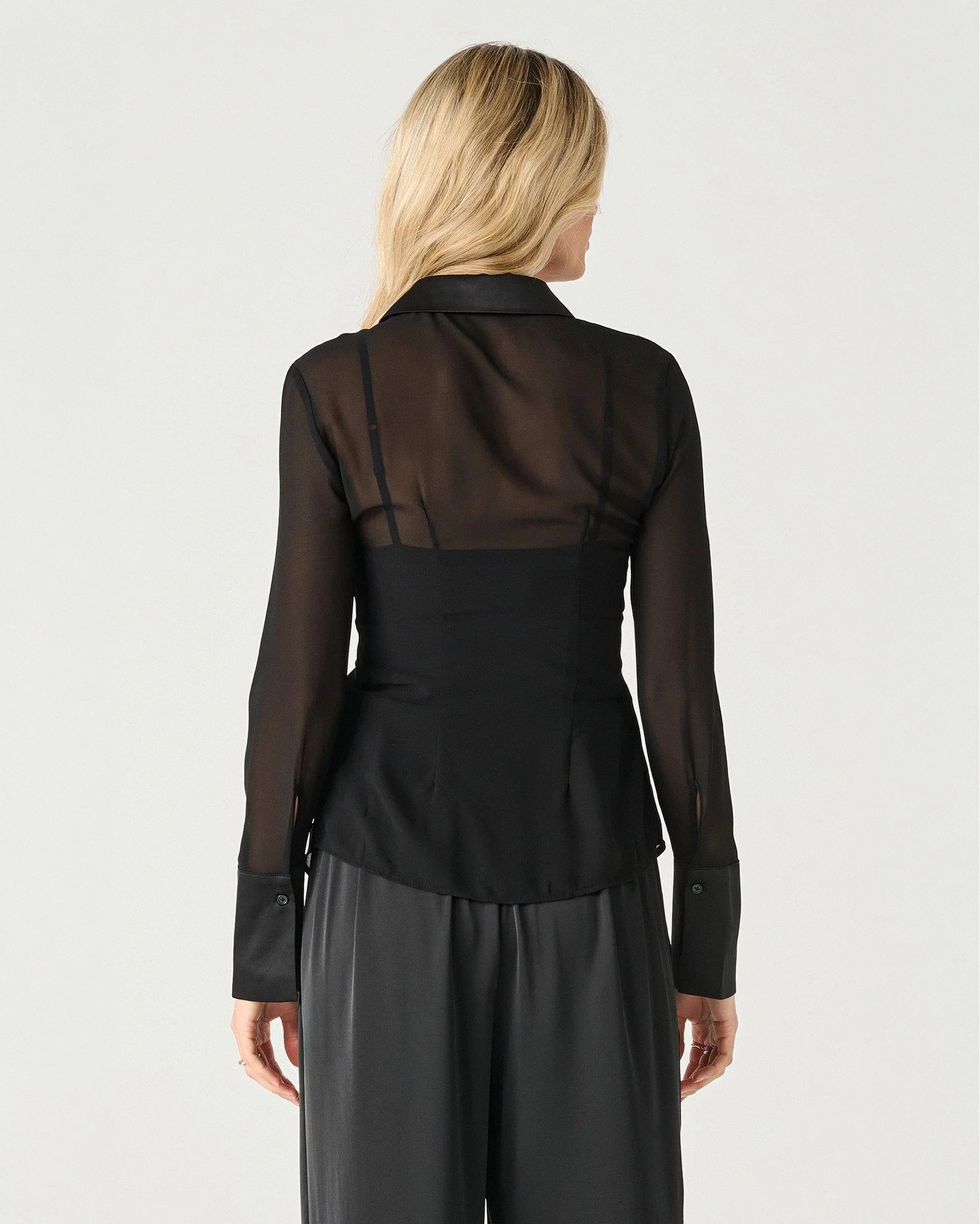 Dex Black Tape Sheer Cinched Blouse