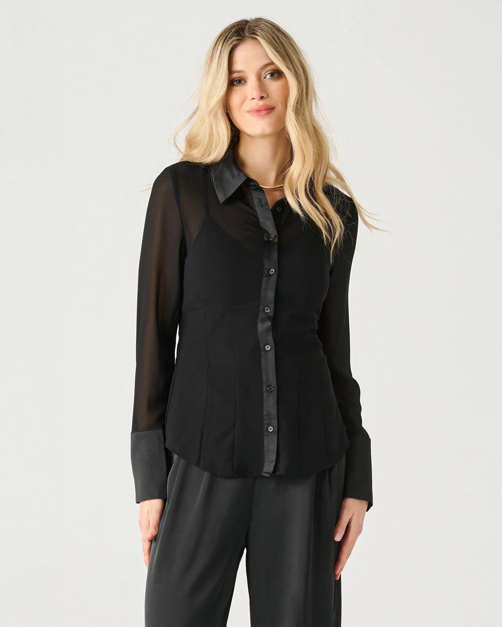 Dex Black Tape Sheer Cinched Blouse