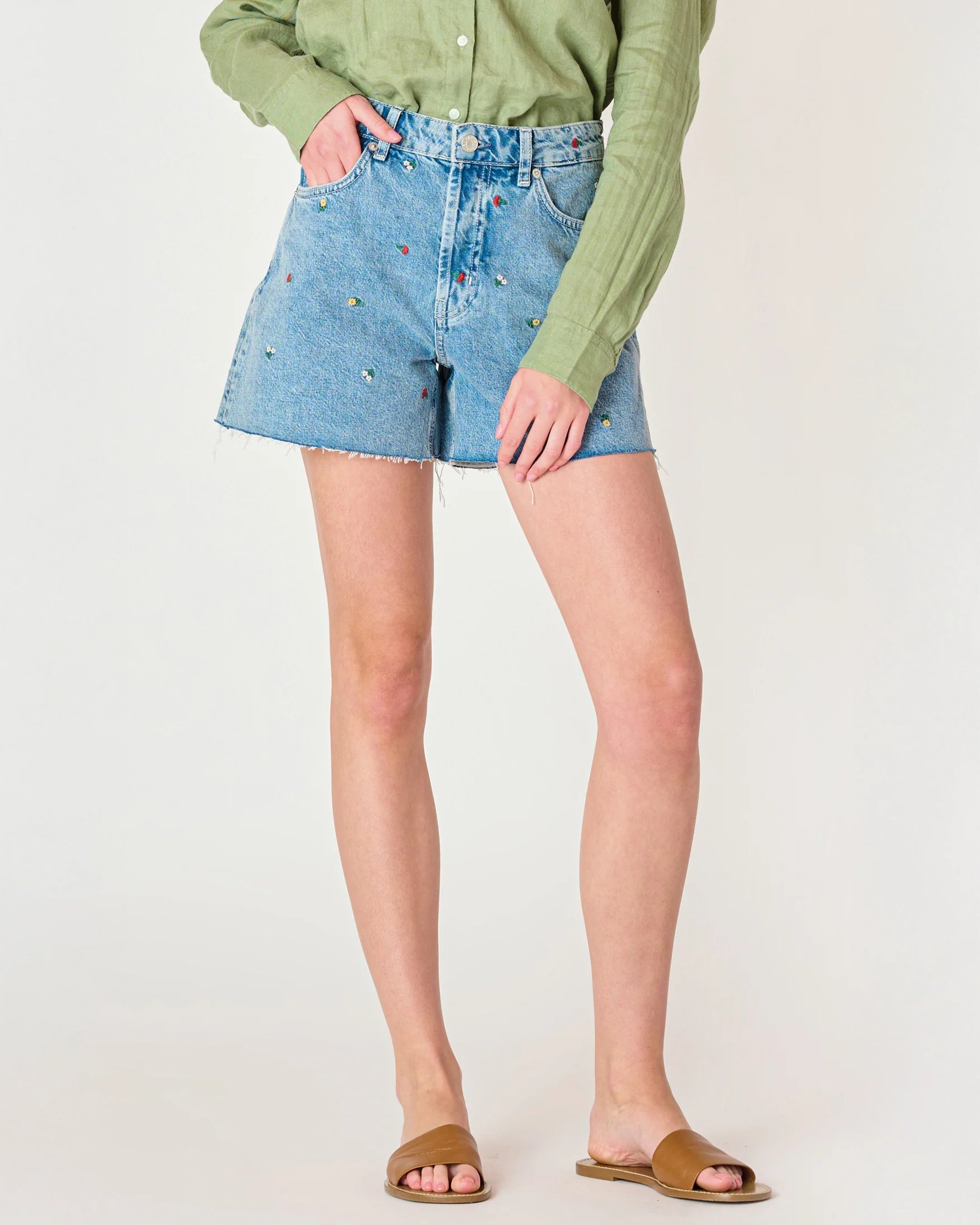 denim jean shorts with a floral embroidered pattern