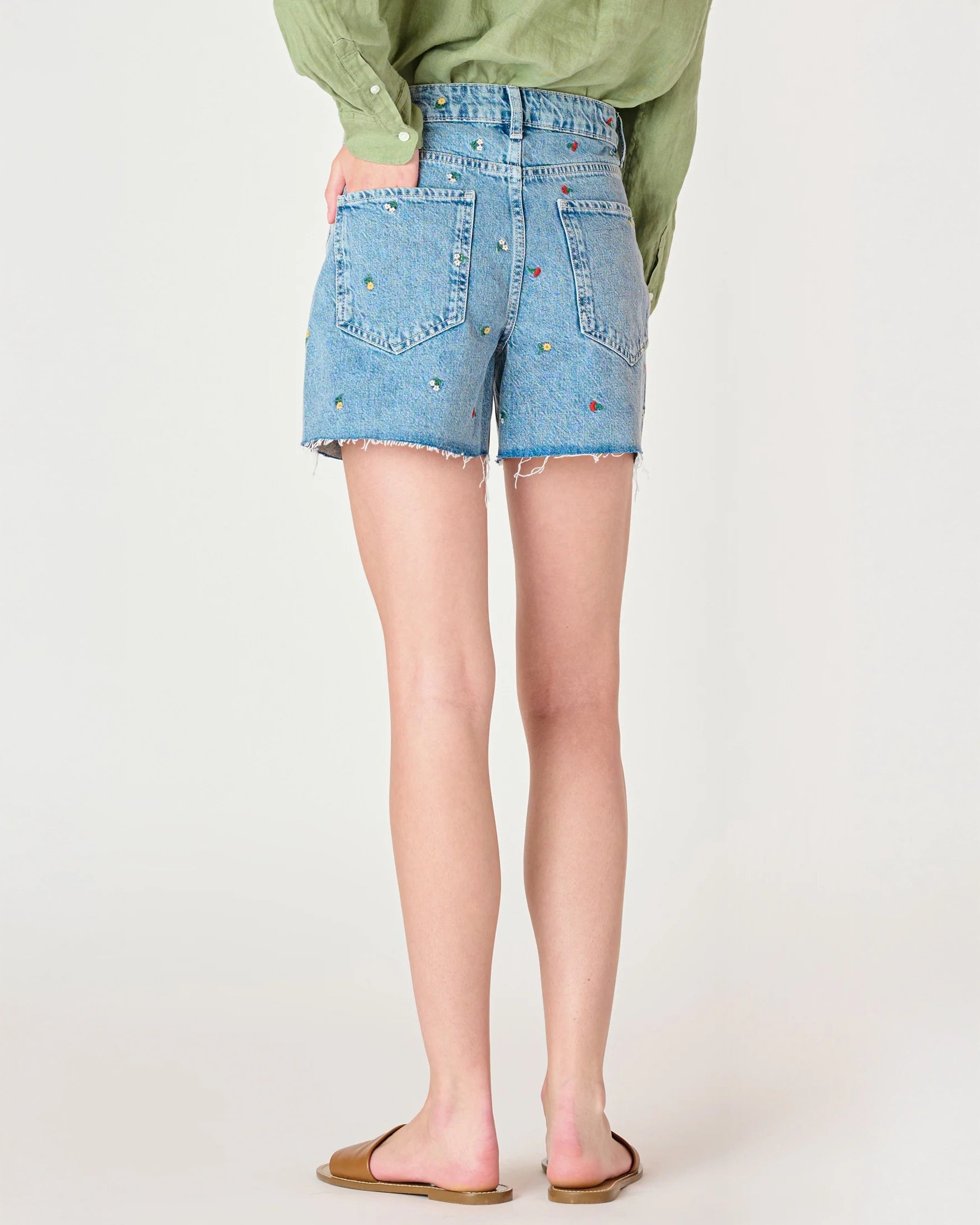 denim jean shorts with a floral embroidered pattern