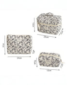 Set of three floral-patterned pouches with measurements