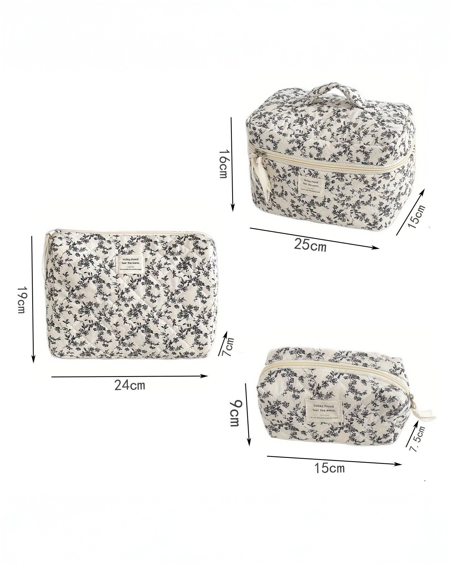 Set of three floral-patterned pouches with measurements