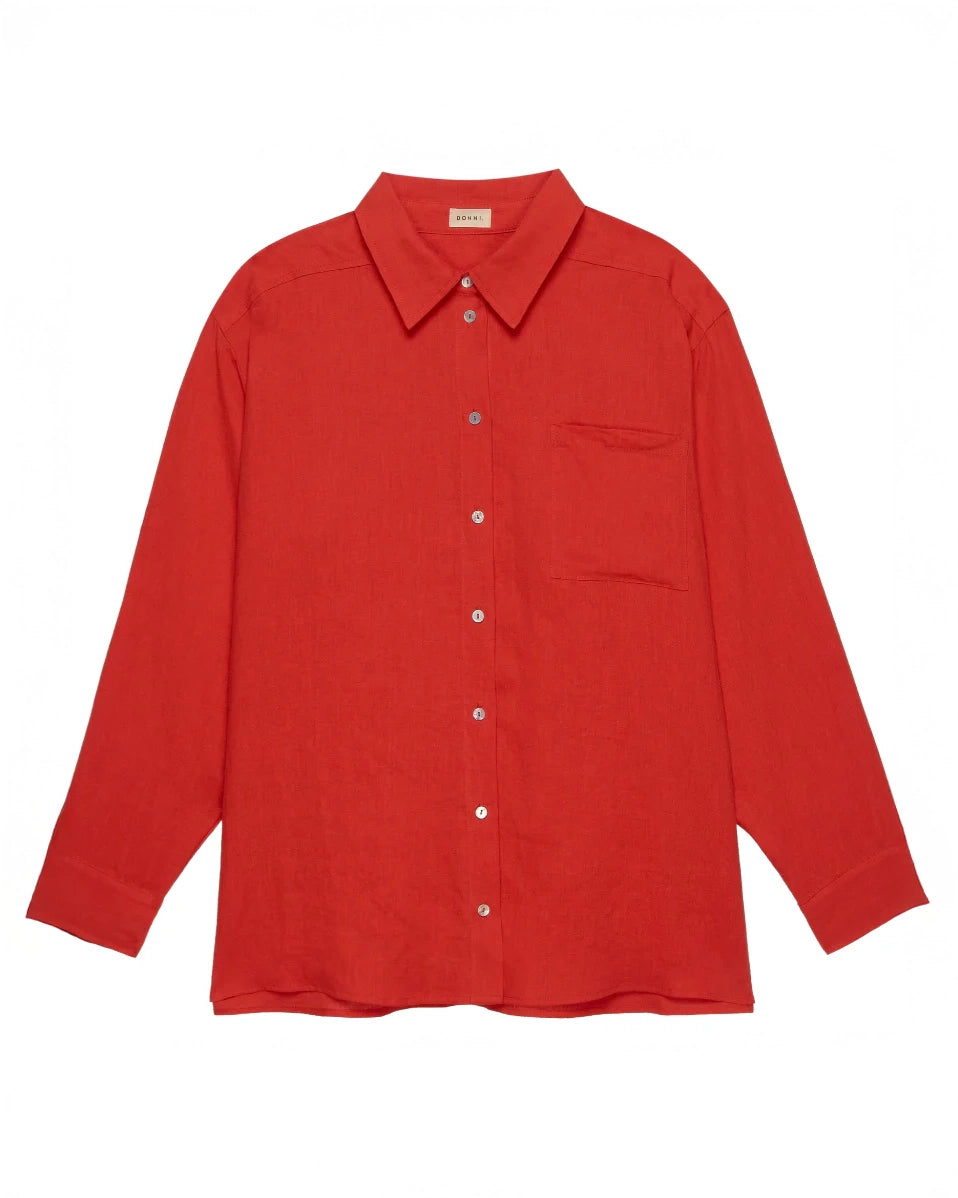 an oversized linen button up shirt in red