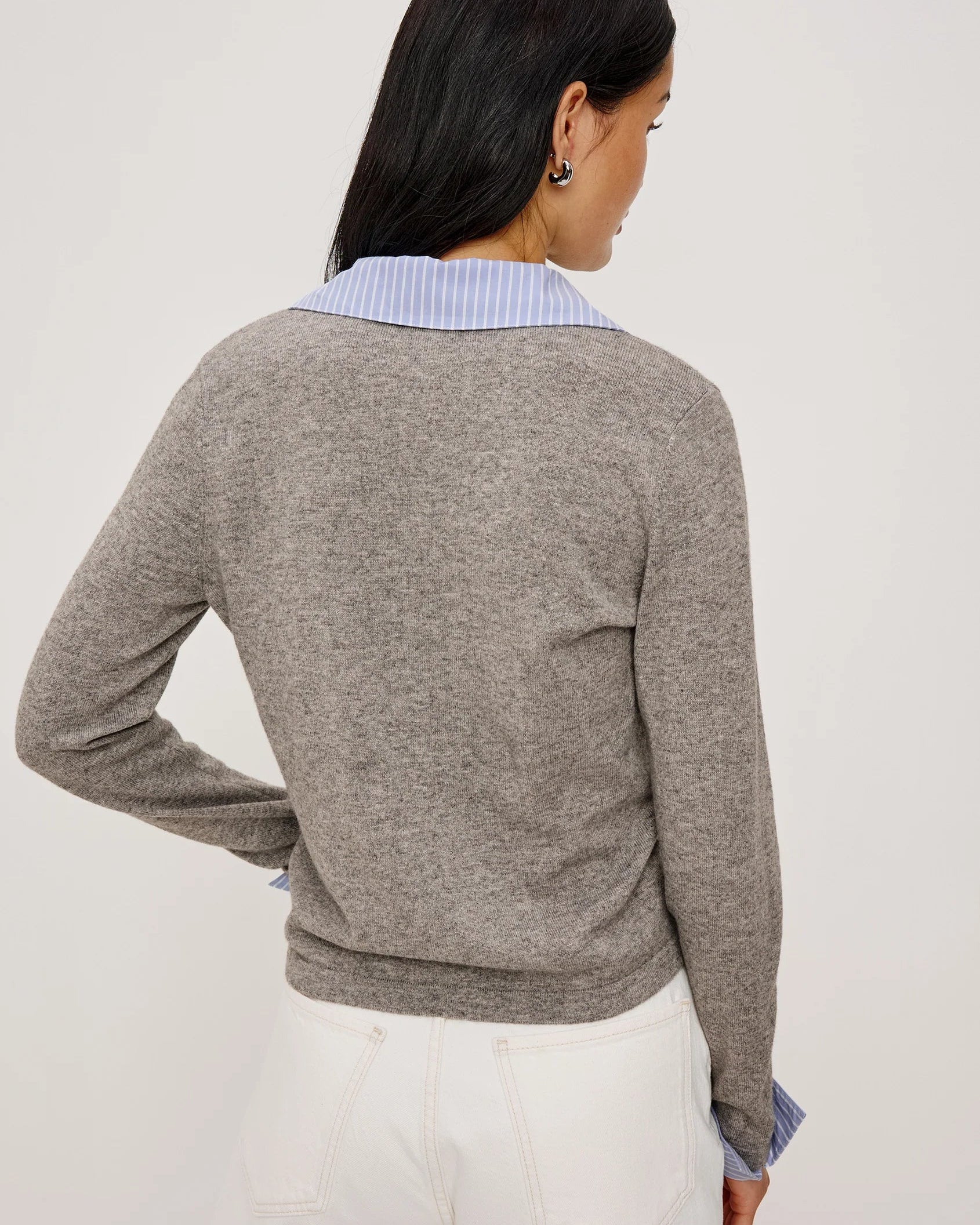 grey cardigan with blue and white stripe blouse collar and cuff
