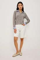 grey cardigan with a faux blouse collar and cuff