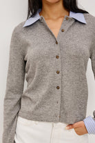 grey cardigan with a faux blouse collar and cuff