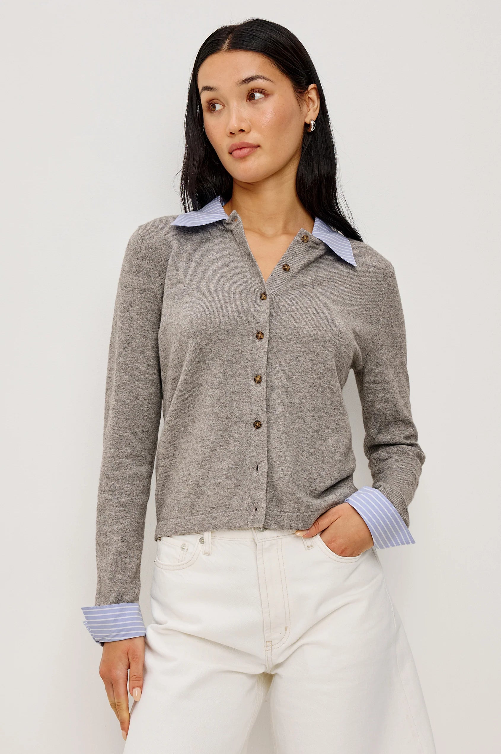 grey cardigan with a faux blouse collar and cuff