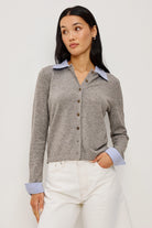 grey cardigan with a faux blouse collar and cuff