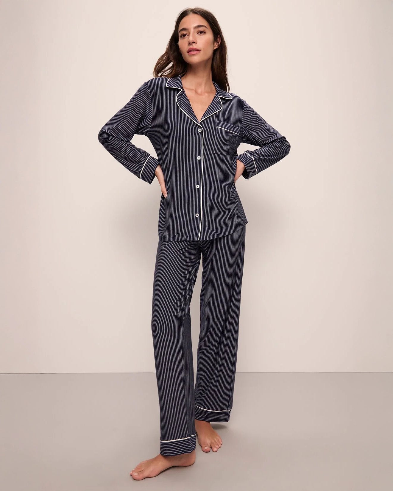 Gisele Printed Long PJ Set Duo Stripe Navy Ivory Homebody