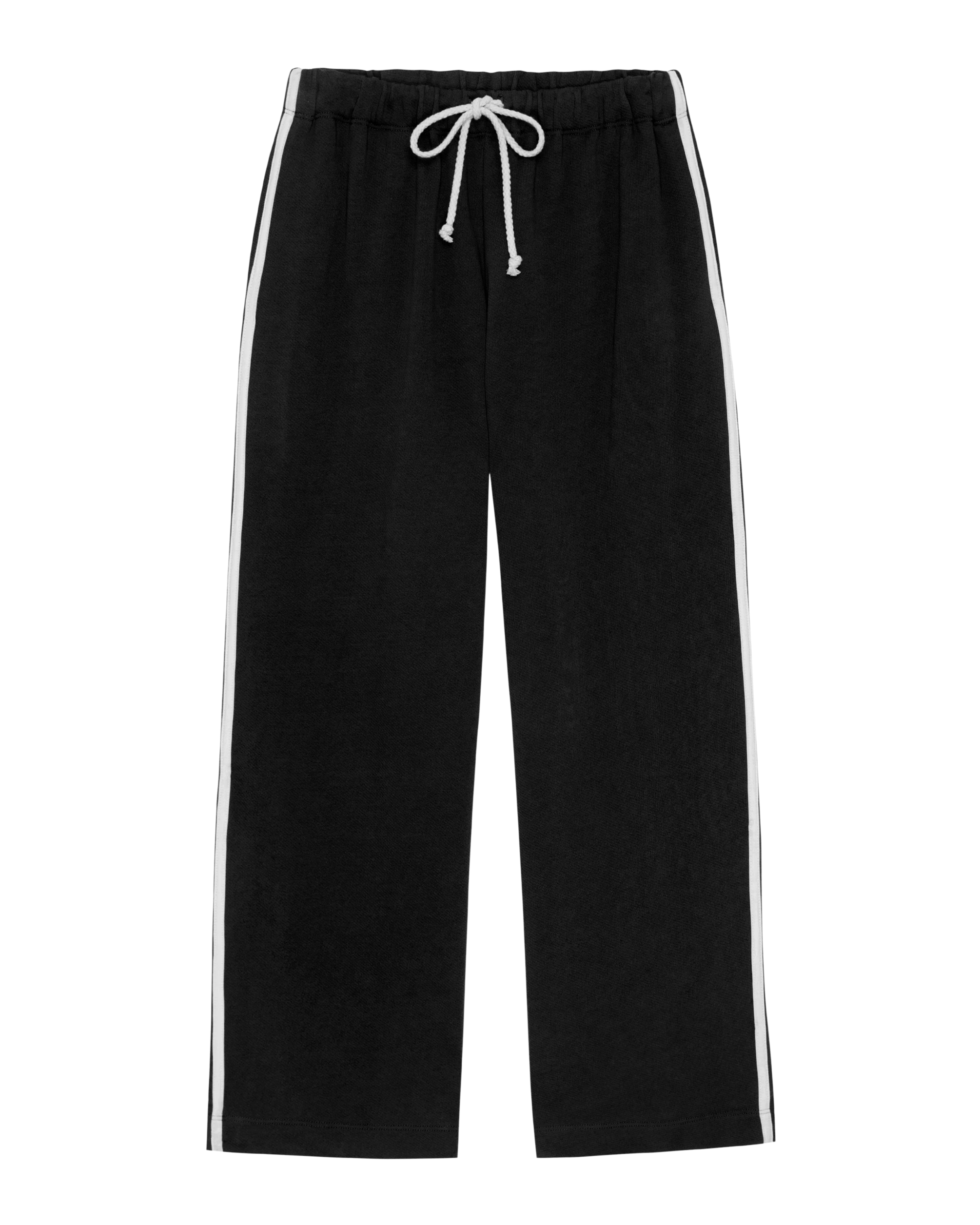 wide leg lounge pant in black with a white stripe down the sides