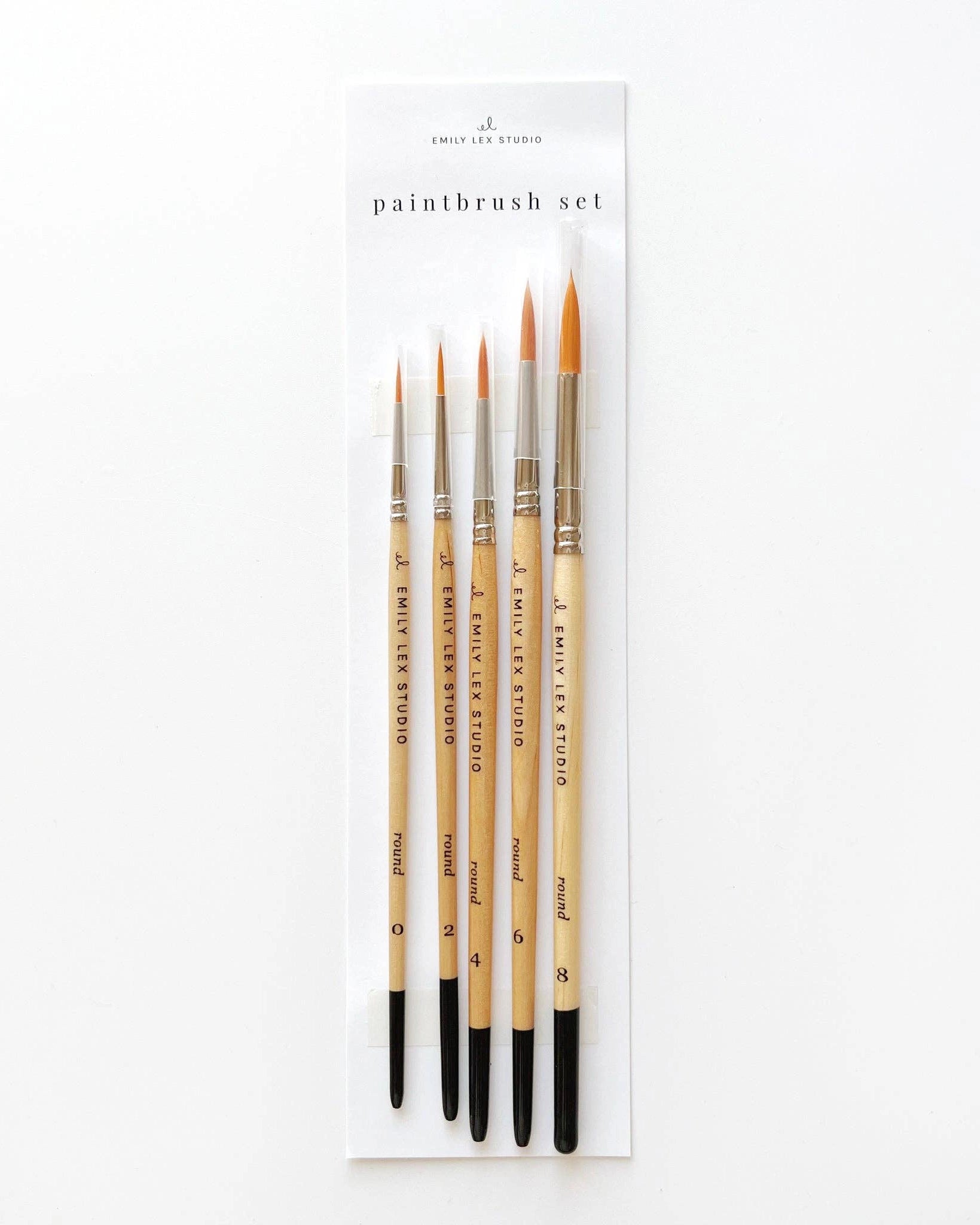 Set of paintbrushes with wooden handle with 'Emily Lex Studio' on it in packaging