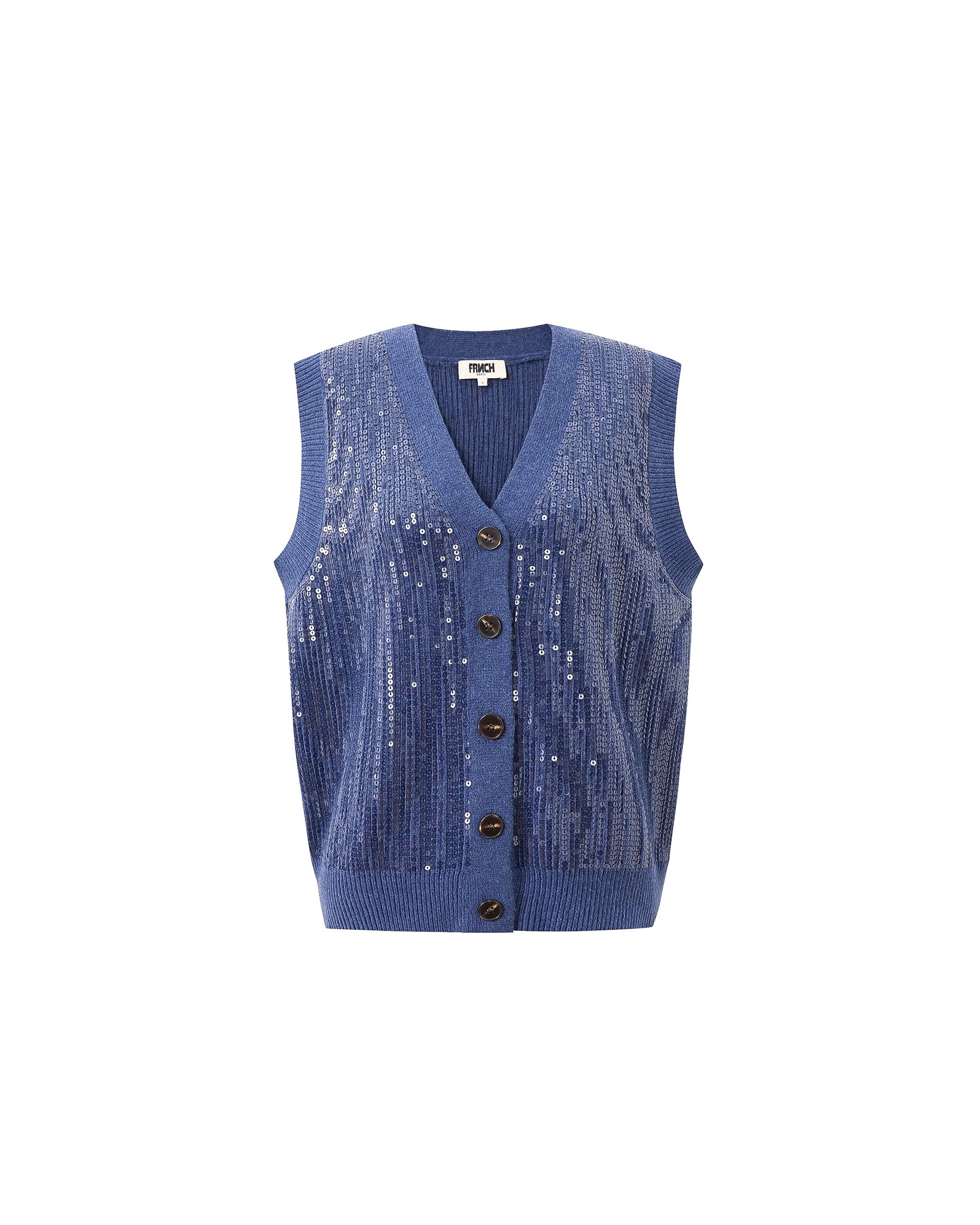 A blue sequin knit button down vest cardigan