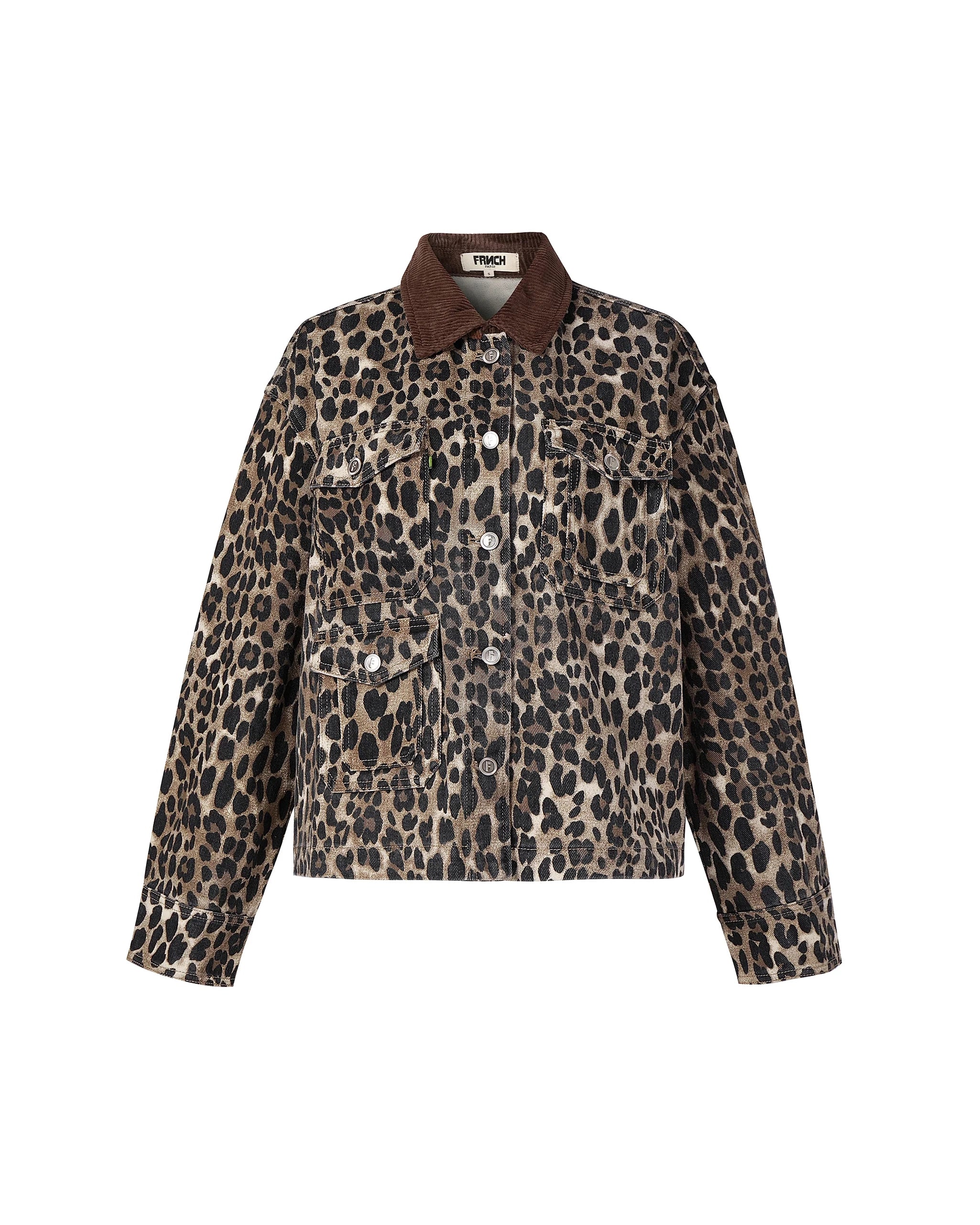 Leopard print denim jacket with brown collar