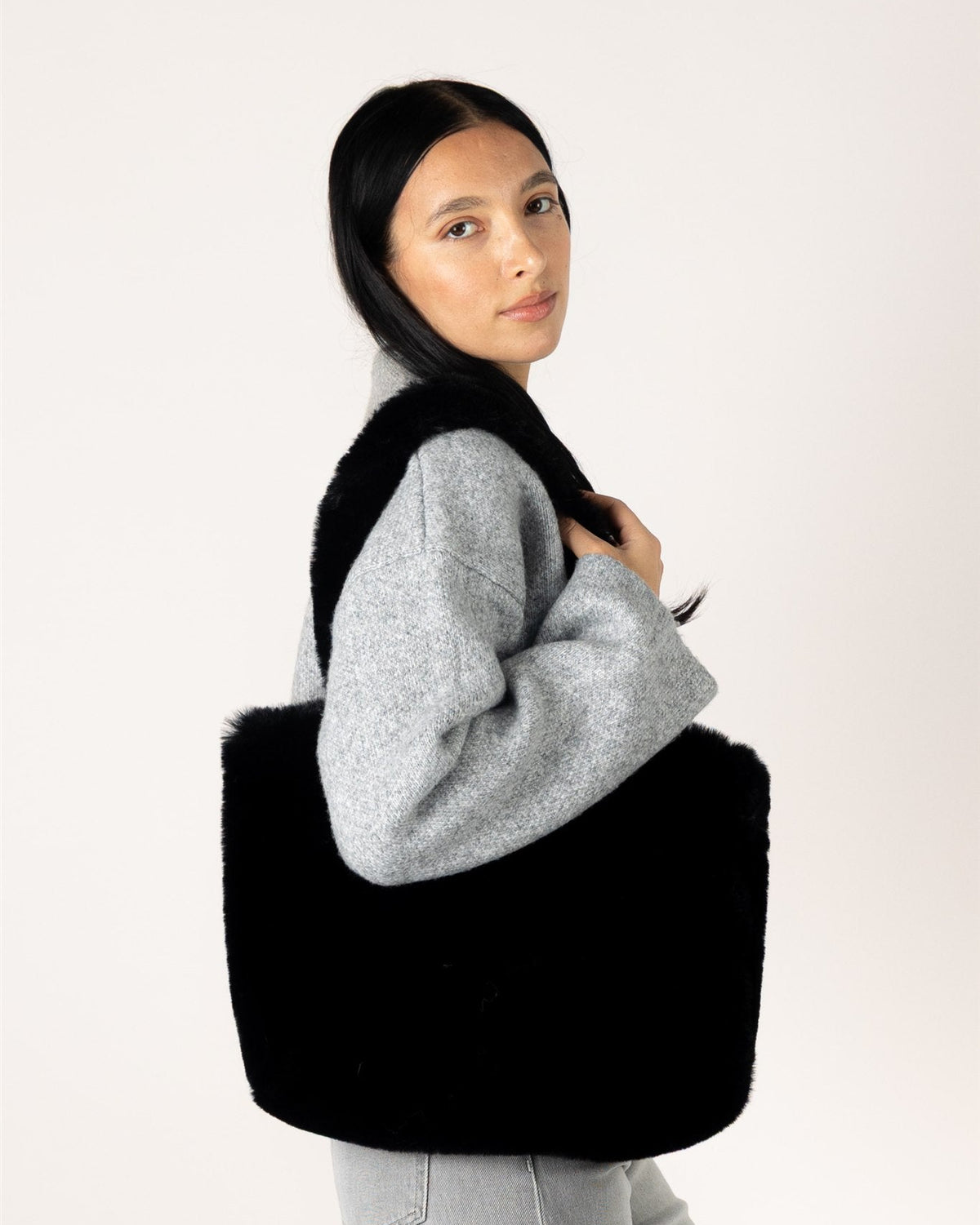large black faux fur tote bag
