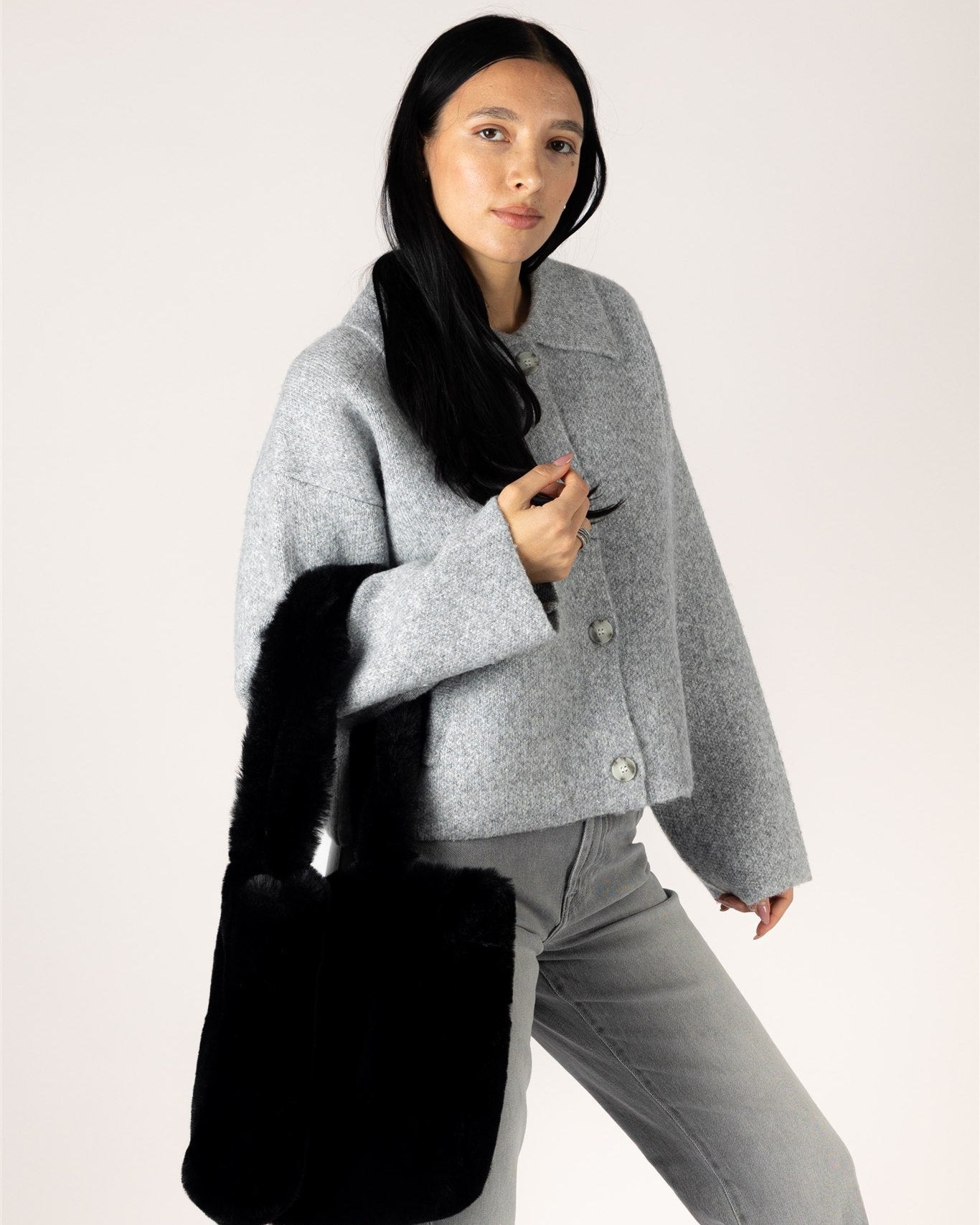 large black faux fur tote bag