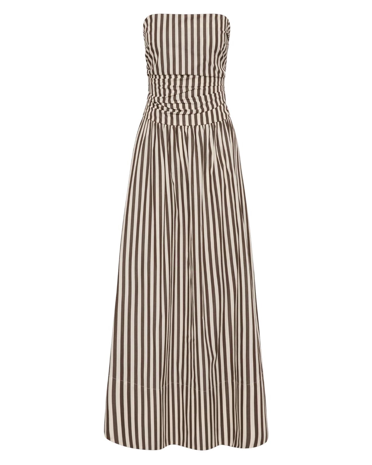 a strapless striped dress in beige and brown