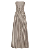 a strapless striped dress in beige and brown