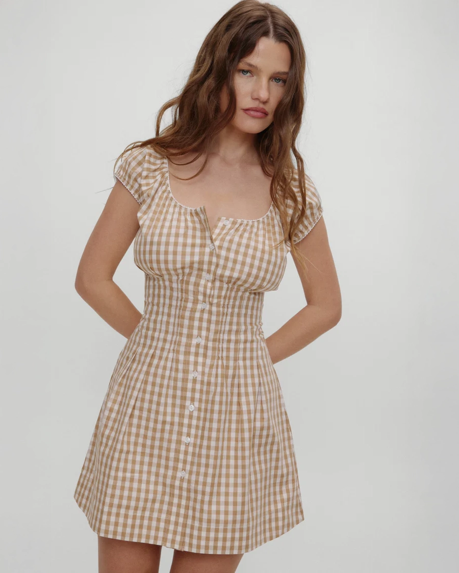 Frankies Bikinis Mustang Summer Dress in Gingham in Mustard with butto down front and empire waisted