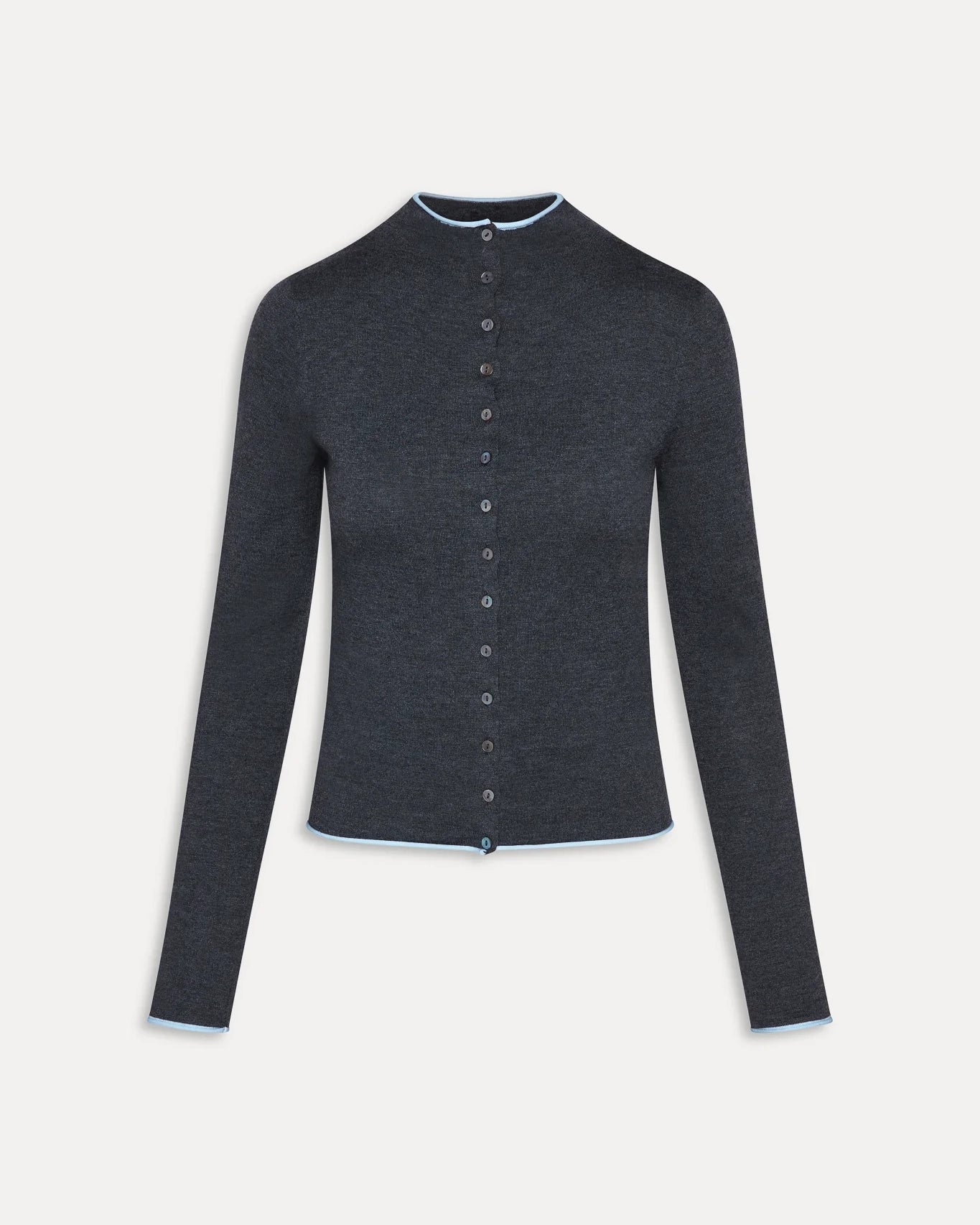 A dark gray button-up ribbed top in dark grey with a pale blue trim