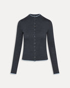 A dark gray button-up ribbed top in dark grey with a pale blue trim