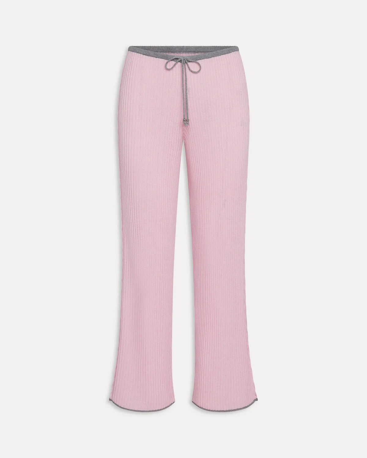 A pair of pink ribbed lounge pants with grey drawstring and trim