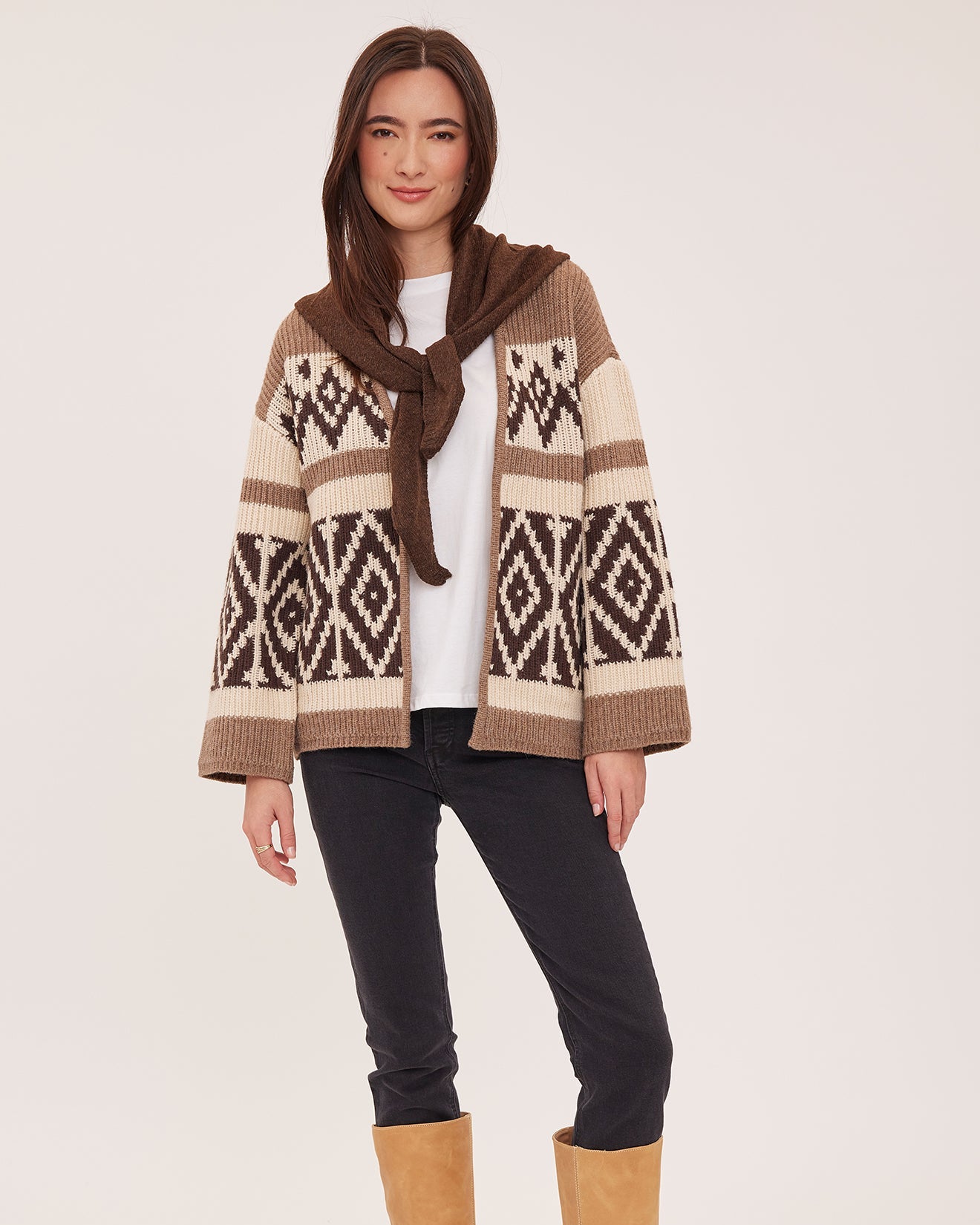 brown and beige detail knit cardigan
