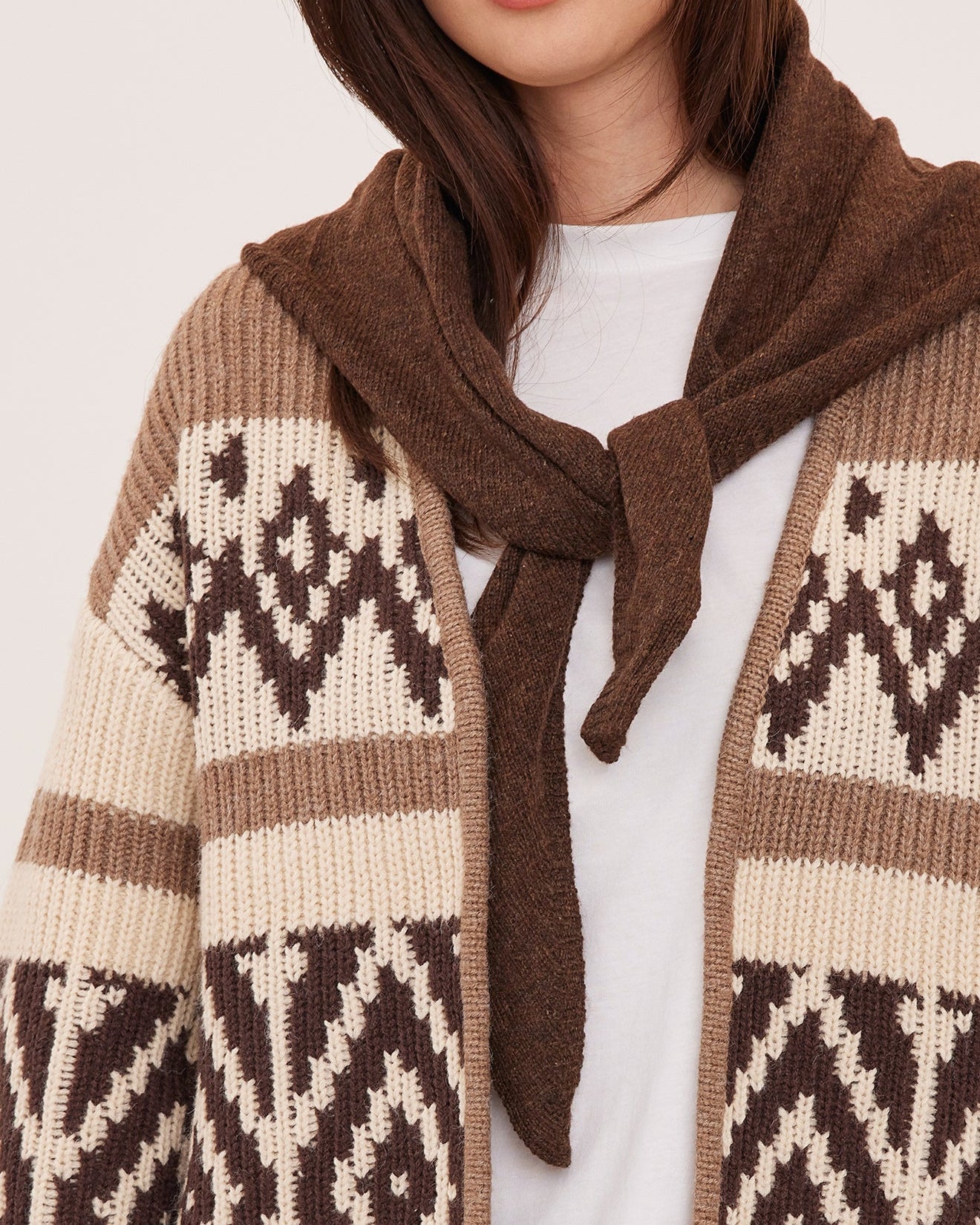 brown and beige detail knit cardigan