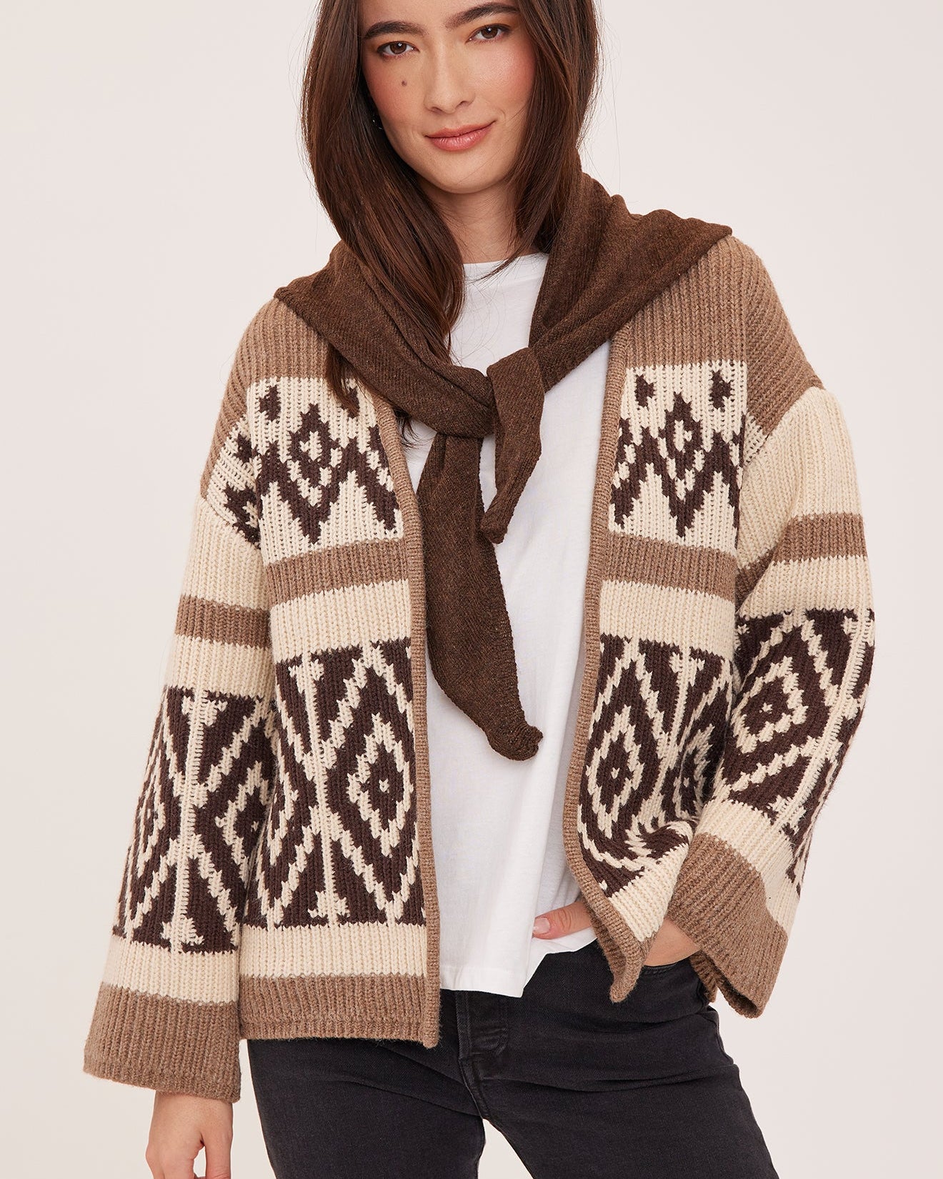 brown and beige detail knit cardigan