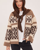 brown and beige detail knit cardigan