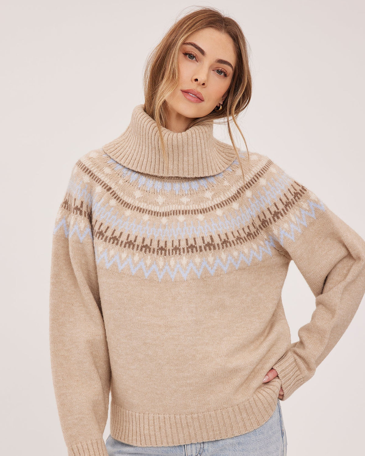 beige turtleneck sweater with fairisle design