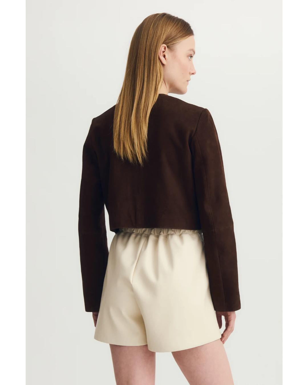collarless brown suede jacket