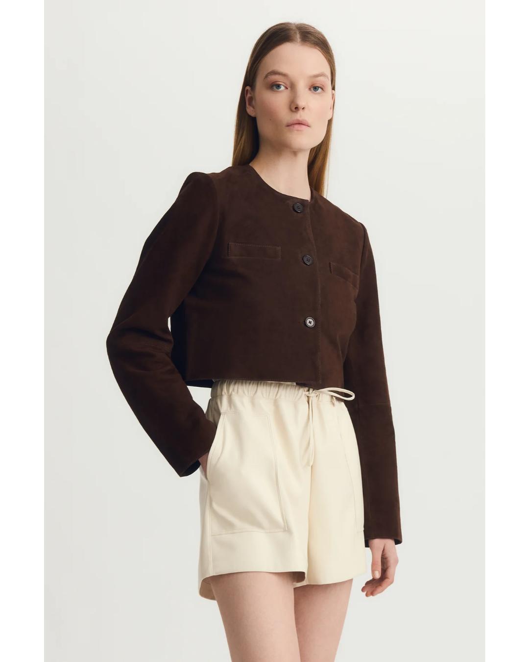 collarless brown suede jacket