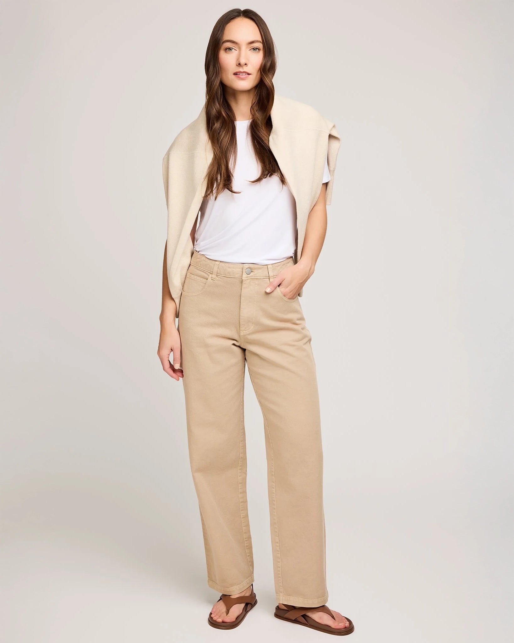 woman wearing cotton twill tan pants by Gentle Fawn