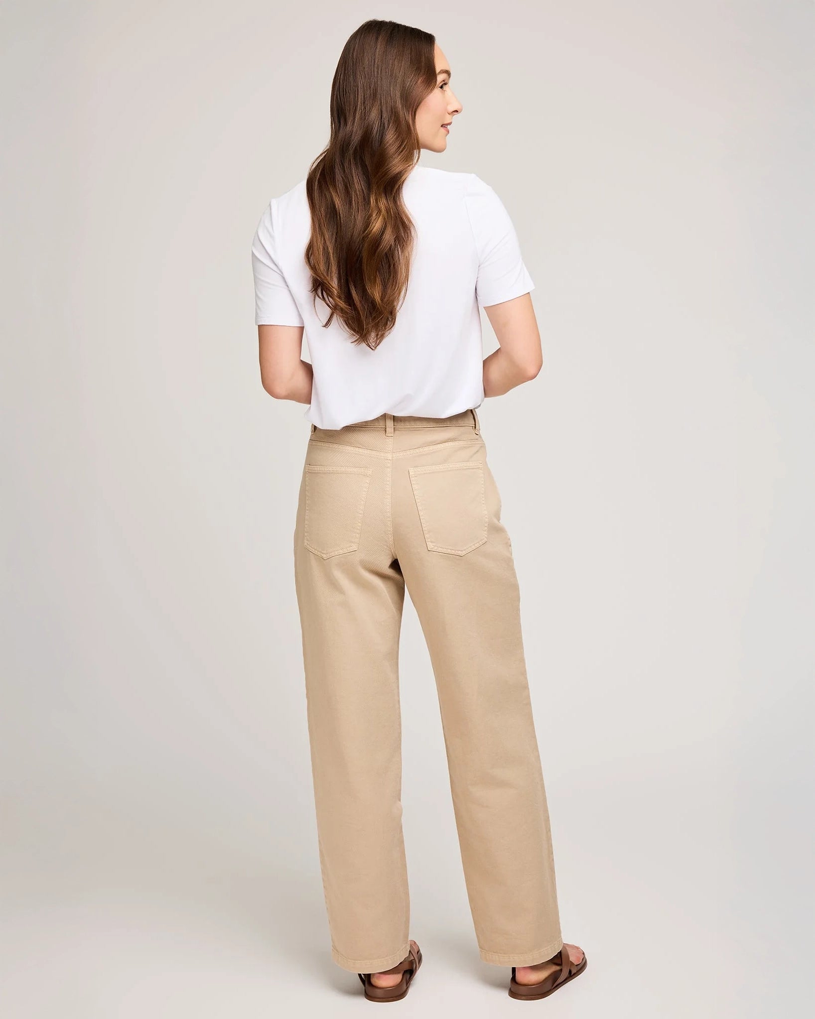 woman wearing cotton twill tan pants by Gentle Fawn