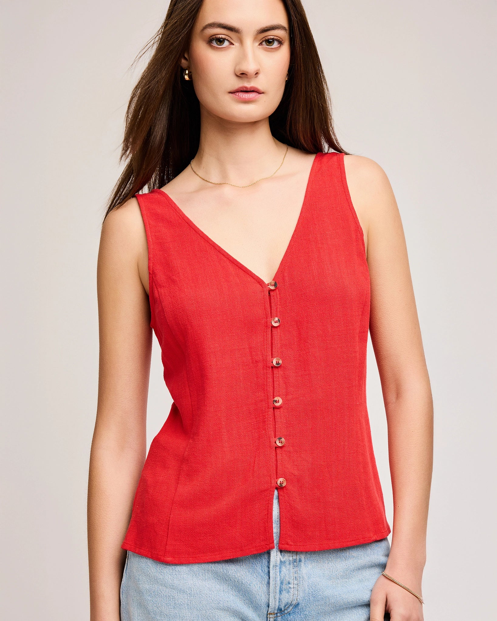 Red Linen Jules Button Down Vest Top by Gentle Fawn