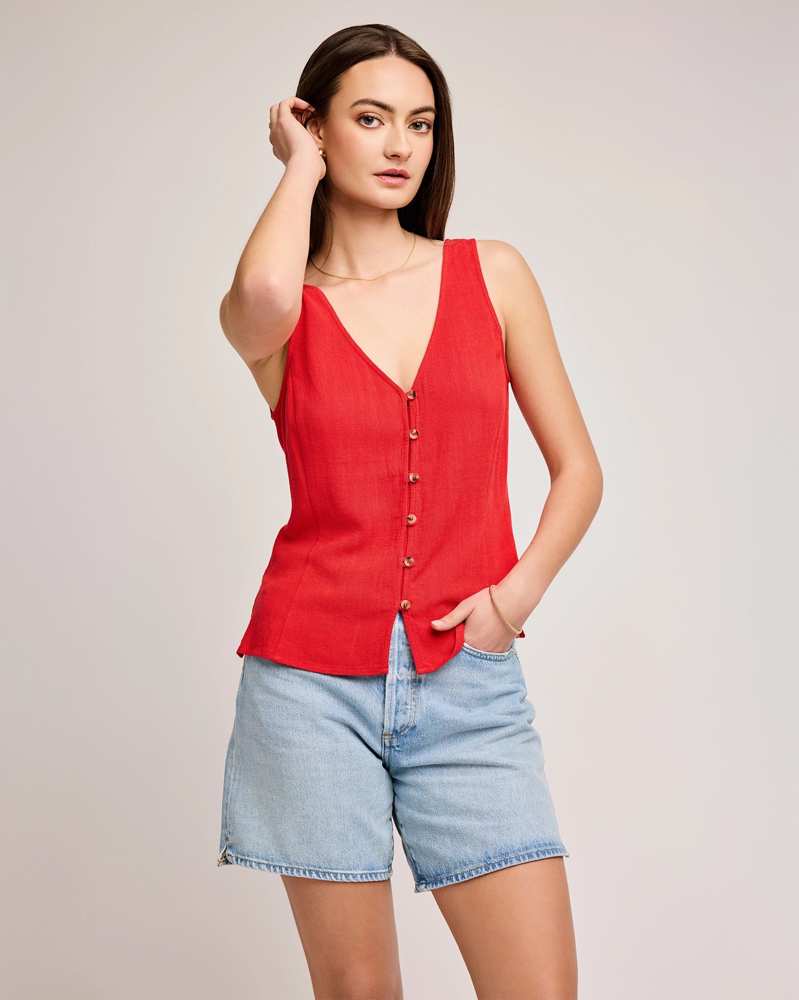 Red Linen Jules Button Down Vest Top by Gentle Fawn