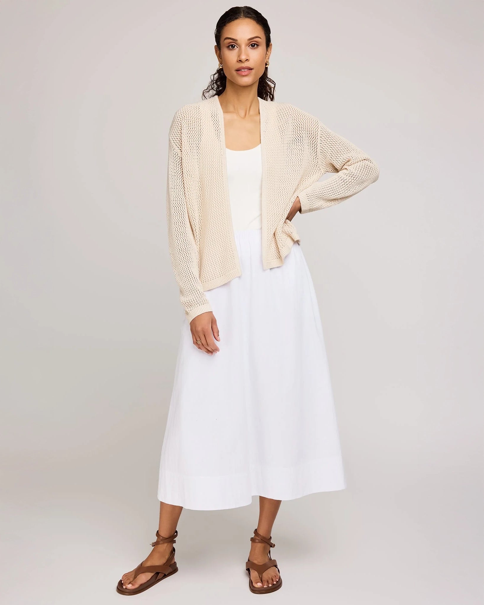 Gentle Fawn Open Knit Cream Cardigan over white dress