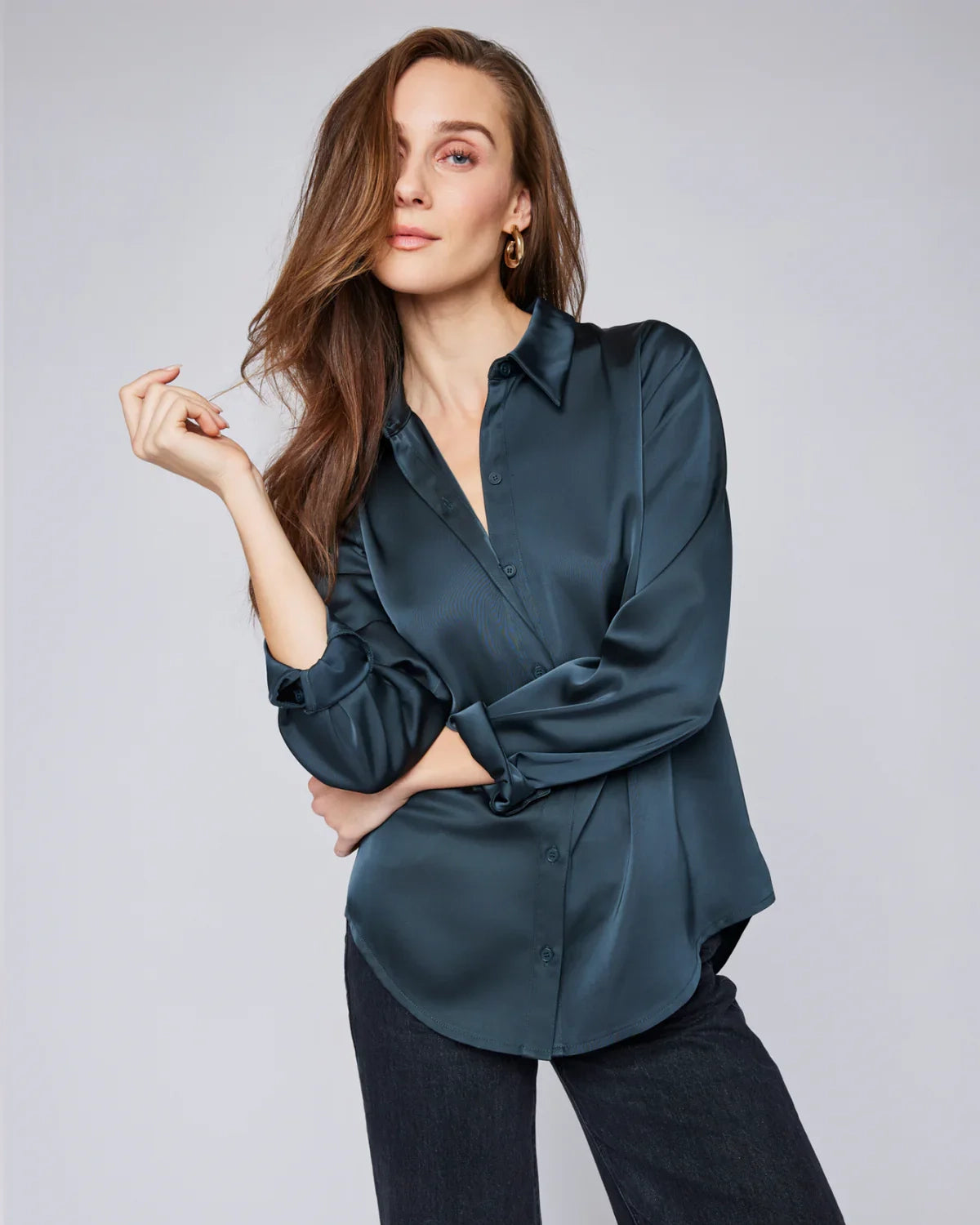 Gentle Fawn Winslow Satin Button Down Shirt Blouse in Teal