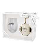 a wine glass and a children's sippy cup gift set that says 'mama's sippy cup' and 'mama's little man'